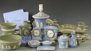 Wedgwood Jasperware twin handled Campana shaped lamp, clocks and other ceramics, tallest 34cm