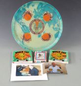 1966 World Cup memorabilia comprising a fibreglass tray and 6-Goal Hurst tape both signed by Geoff