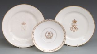Sevres 19thC porcelain Napoleon III dinner service plate, one other with gilding rubbed and a saucer
