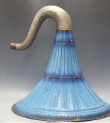 Embossed metal gramophone or phonograph horn, early 20thC, 65cm diameter, in blue painted finish