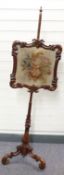 Victorian rosewood pole screen with embroidered panel, H148cm