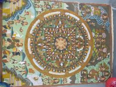 Tibetan Mandala with central concentric circle with many figures and central temple musicians etc,