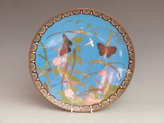 A 19thC Japanese cloisonné charger with butterfly decoration, diameter 30cm