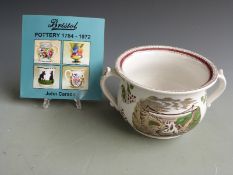 Two handled jardiniere decorated with Clifton Suspension Bridge with cartoons on base and within,