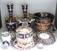 A quantity of Imari ceramics including a pair of twin handled vases, biscuit barrel, clock etc,