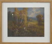 J or T Escott oil on canvas of children in meadows, date indistinct but possibly 1914, 20 x 25cm