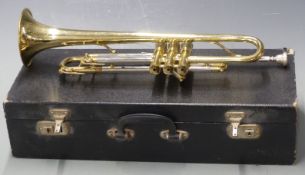 Huttl Commodore 'line 800' West German brass trumpet, serial no. 77241, in fitted hard case with