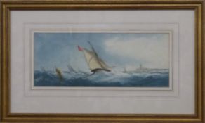 Richmond Markes Victorian maritime watercolour clipper in rough seas with coast and lighthouse
