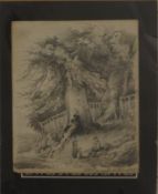 Henry William Burgess  (1792-1839) pencil drawing of travellers resting beneath a tree, signed and