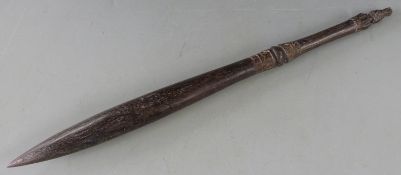 Aboriginal throwing club or nulla with carved geometric decoration and unusual carved knop, L48cm