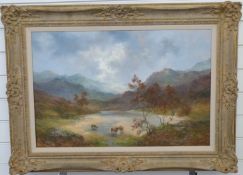 Prudence Turner (b1930) oil on canvas cattle watering in a Highland river valley, signed lower left,