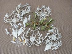 Quantity of foliate wall light fittings, including green examples, all with cut glass drops