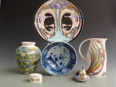Art Nouveau Masons plaque, a jug from the same range, Jane and Peter McCormick tube lined vase,