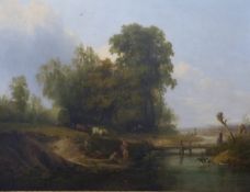 Attributed to George Burrell Willcock (1811-1852) oil on canvas of a haywain, figures and dog by a