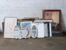 A large quantity of prints, pictures, frames, mirrors and a Chinese embroidery