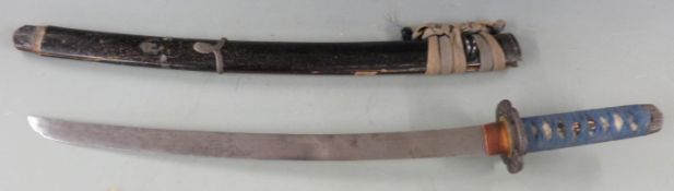 Wakizashi blade in black lacquer saya with gold fleck, signed tsuba and shagreen hilt with blue