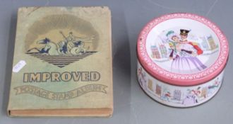 An Improved album of all-world stamps and a tin of loose stamps, all periods