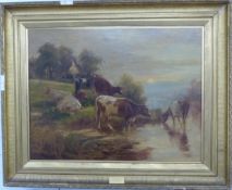 Dixon Clark (Exhibited 1880-1902) oil on canvas 'The Watering Place', cattle with cottage beyond, in