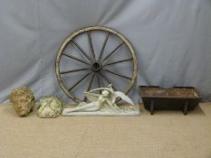 Two stone/terracotta busts or heads, a carriage or similar wheel, statue and metal planter, length