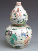 Chinese famille verte double gourd vase with Kangxi mark to base, 36cm tall