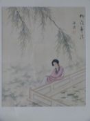 Four Japanese framed watercolours on silk of geisha girls, signed to corners 34 x 29cm