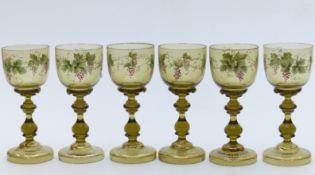 Set of six hand-painted and jewelled hock glasses in the style of Moser, 17.5cm tall