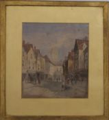 A 19thC watercolour street scene with church beyond, indistinctly signed lower right, 27 x 24cm