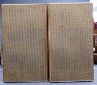 Pair of teak piston action sandwich speakers, each 65cm tall