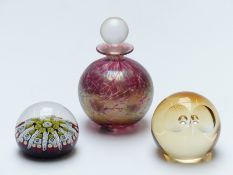 Isle of Wight glass perfume bottle and stopper, Caithness Wise Owl paperweight and a Perthshire/