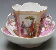 Dresden quatrefoil shaped loving cup and saucer decorated with Watteau scenes and flowers, H9cm