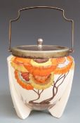 Clarice Cliff Wilkinson Pottery Bizarre biscuit barrel in the Rhodanthe pattern, with plated lid and