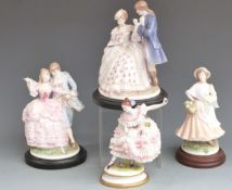 Three Royal Worcester figures and a Dresden lace style figurine. including Flirtation, The Tryst and