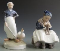 Two Royal Copenhagen figures, girl with goose and girl darning, H18cm