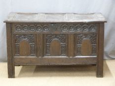 Antique oak coffer with carved, panelled decoration and pegged joints, W120 x D59 x H71cm