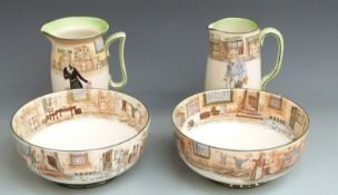 Two Royal Doulton Dickens Series Ware pedestal jug and basin sets H18.5, diameter 23cm
