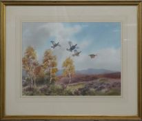 Robert W. Milliken pair of watercolours pheasants in flight above a moorland landscape, each