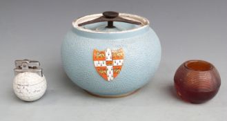 Armorial Carltonware tobacco jar with Cambridge Coat of Arms, match striker and a golf ball lighter