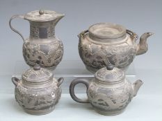 Chinese pewter and black basalt/pottery four piece tea set by Wen Hua Shun, Iso North Gata, Wei
