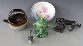 Ulrome figures, studio pottery teapot, Majolica tobacco jar modelled as a jester, Russian hand-