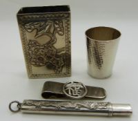 Chinese silver money clip, small hammered tot cup with Chinese mark to base, Chinese silver pencil