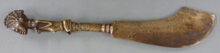 African, Ashanti/Benin figural brass ceremonial axe, length 52cm