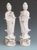 A pair of 19th/20thC Chinese blanc de chine figures of Guanyin, figures 45cm