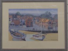 Nicholas Barnham (British, b.1939) pen, ink and watercolour Blakeney Quay, Norfolk, boats at low