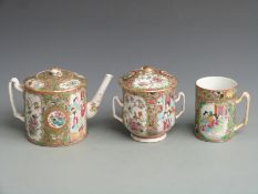 Chinese Canton famille rose tea set comprising teapot, tankard and twin handled covered pot, each