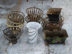 Metal jardinieres, pedestal metal jardiniere holders, art glass vase etc