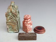 Chinese soapstone seal with a carved snake finial, bronze seal with mythical decoration and Japanese