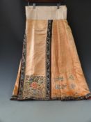 19thC Chinese skirt embroidered with a vase of peonies, floral, gold thread and pleated