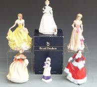 Six Royal Doulton figurines including Take Me Home HN3662 and Kate Greenaway Anna HN2802