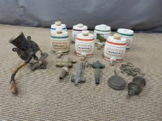 Quantity of small W&A Gilbey and other bar top barrels, barrel taps, engine oiler etc