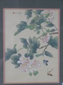 Four Chinese embroideries and watercolours depicting prunus blossom, birds and insects, largest 40 x